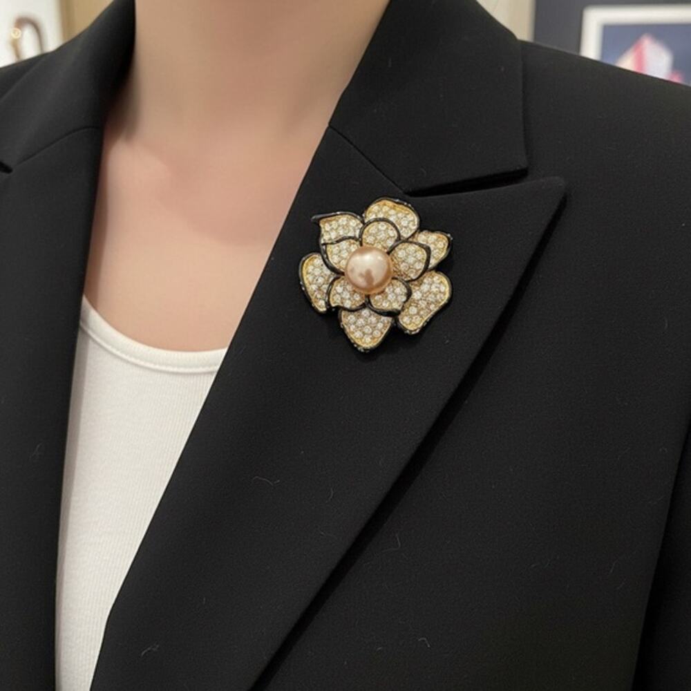 Vintage Rhinestone Pearl Flower Brooch 80s Statement